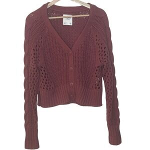 Abercrombie Fitch Burgundy Crochet Cable Knit V Neck Cardigan Sweater Small